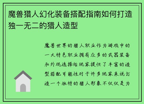 魔兽猎人幻化装备搭配指南如何打造独一无二的猎人造型