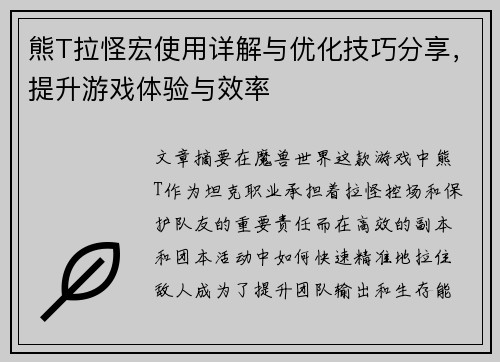 熊T拉怪宏使用详解与优化技巧分享，提升游戏体验与效率